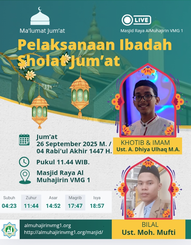 Informasi Khotib/Imam Sholat Jumat 26 Sept 2025. Masjid Raya Almuhajirin